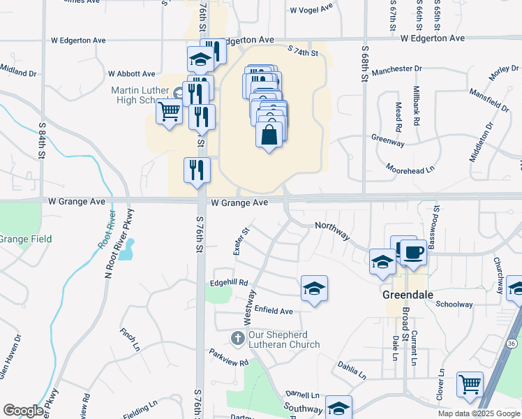 map of restaurants, bars, coffee shops, grocery stores, and more near in Greendale
