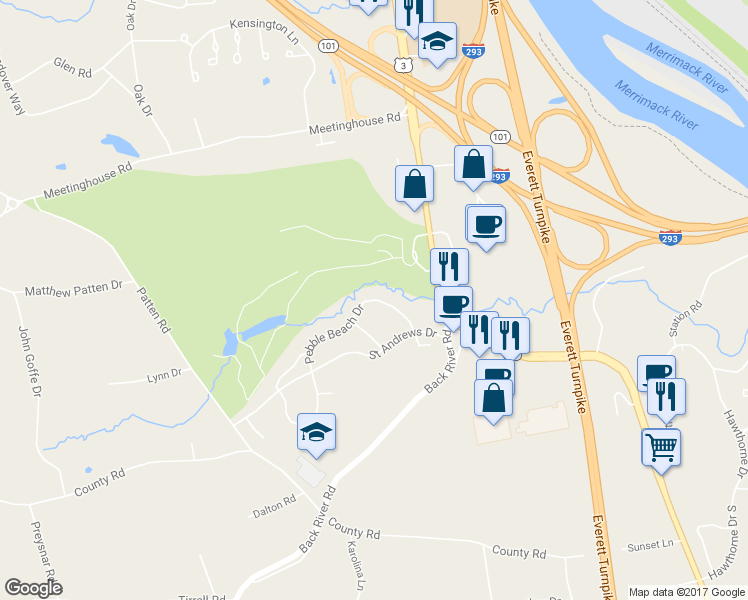 map of restaurants, bars, coffee shops, grocery stores, and more near 17 Pebble Beach Drive in Bedford