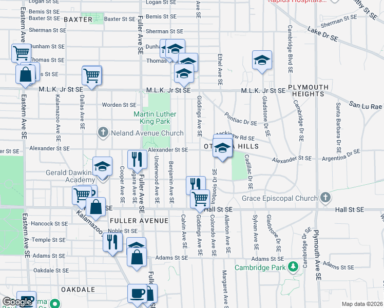 map of restaurants, bars, coffee shops, grocery stores, and more near 1349 Alexander Street Southeast in Grand Rapids