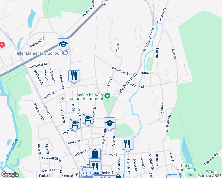 map of restaurants, bars, coffee shops, grocery stores, and more near 48 Ellis Court in Keene