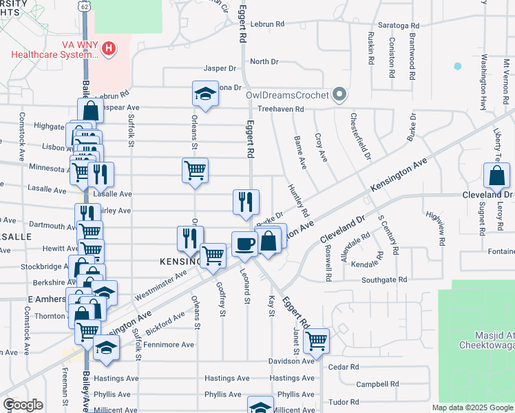 map of restaurants, bars, coffee shops, grocery stores, and more near 36 Woodley Road in Buffalo