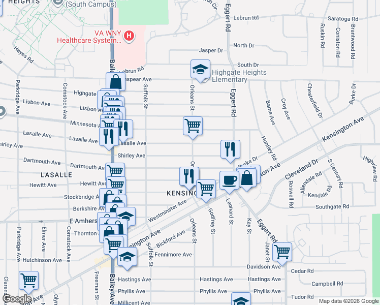 map of restaurants, bars, coffee shops, grocery stores, and more near 674 Lasalle Avenue in Buffalo
