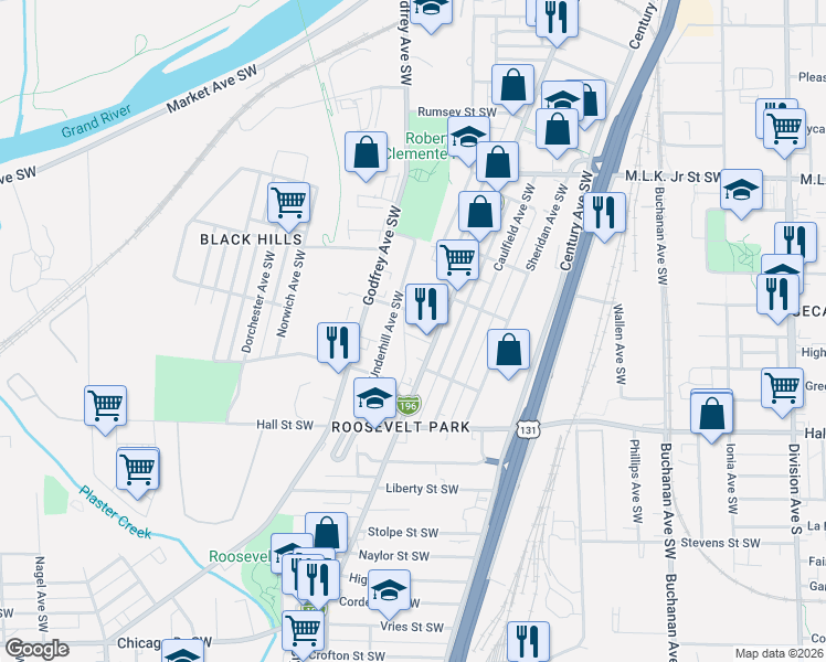 map of restaurants, bars, coffee shops, grocery stores, and more near 549 Martha Street Southwest in Grand Rapids