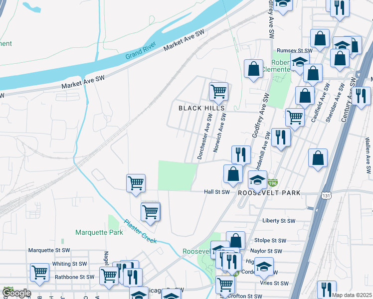 map of restaurants, bars, coffee shops, grocery stores, and more near 1061 Kensington Avenue Southwest in Grand Rapids