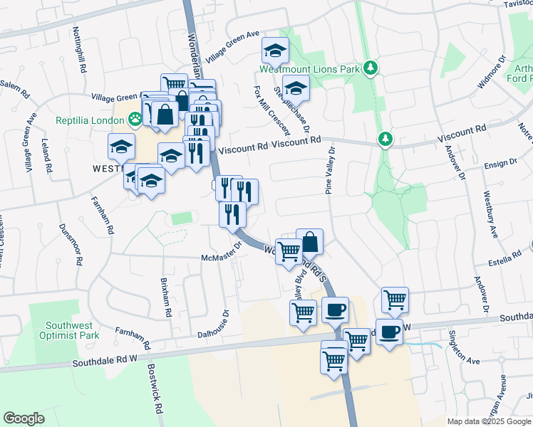 map of restaurants, bars, coffee shops, grocery stores, and more near 918 Wonderland Road South in London