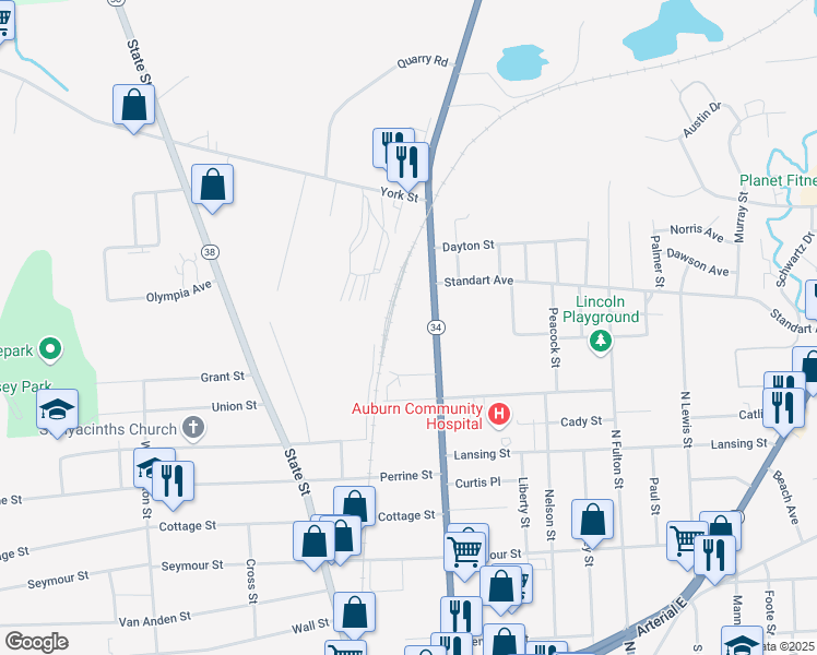 map of restaurants, bars, coffee shops, grocery stores, and more near 195 North Street in Auburn