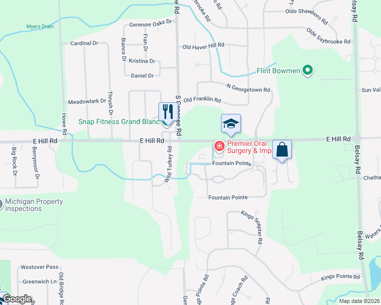 map of restaurants, bars, coffee shops, grocery stores, and more near 4510 East Hill Road in Grand Blanc