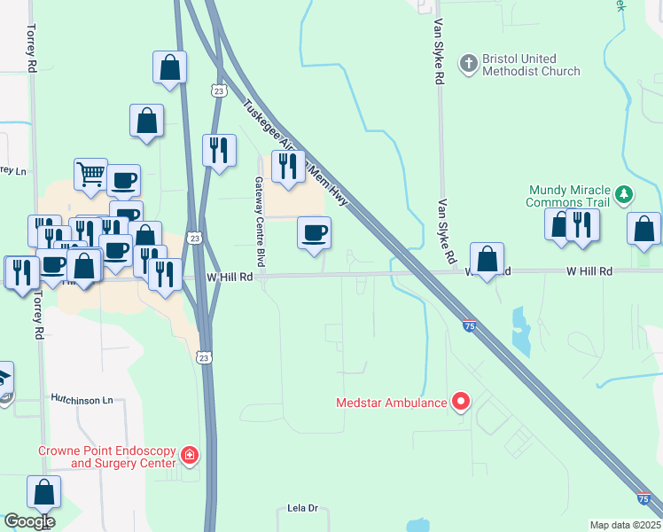 map of restaurants, bars, coffee shops, grocery stores, and more near 2144 West Hill Road in Flint