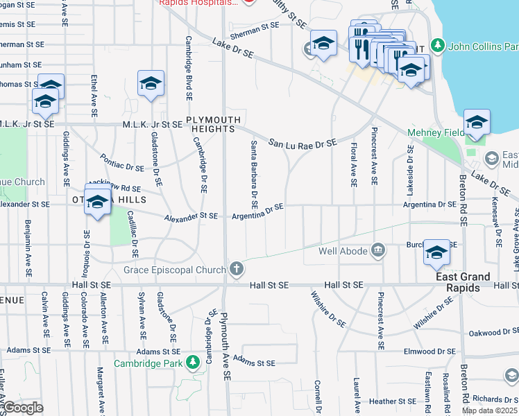 map of restaurants, bars, coffee shops, grocery stores, and more near 970 Santa Barbara Drive Southeast in Grand Rapids