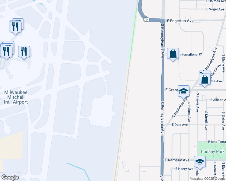 map of restaurants, bars, coffee shops, grocery stores, and more near 5300 South Howell Avenue in Milwaukee