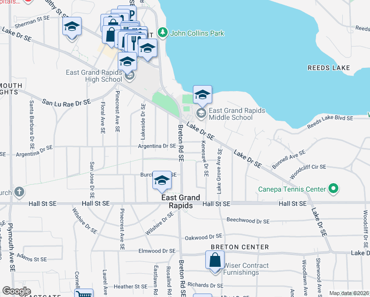 map of restaurants, bars, coffee shops, grocery stores, and more near 2417 Gilmour Street Southeast in East Grand Rapids