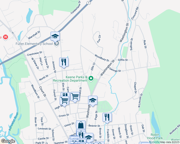 map of restaurants, bars, coffee shops, grocery stores, and more near 48 Ellis Court in Keene