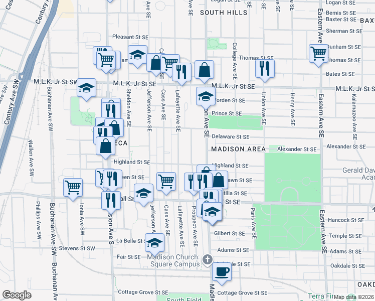 map of restaurants, bars, coffee shops, grocery stores, and more near 1031 Prospect Avenue Southeast in Grand Rapids