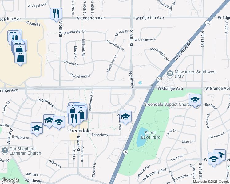 map of restaurants, bars, coffee shops, grocery stores, and more near 5501 Brandon Street in Greendale