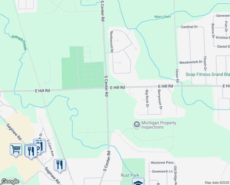 map of restaurants, bars, coffee shops, grocery stores, and more near 4028 East Hill Road in Grand Blanc