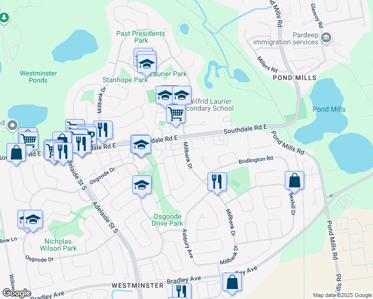 map of restaurants, bars, coffee shops, grocery stores, and more near Millbank Drive in London