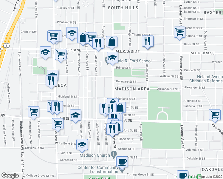 map of restaurants, bars, coffee shops, grocery stores, and more near 1025 Madison Avenue Southeast in Grand Rapids