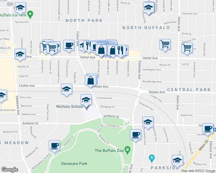 map of restaurants, bars, coffee shops, grocery stores, and more near Linden Avenue & Norwalk Avenue in Buffalo