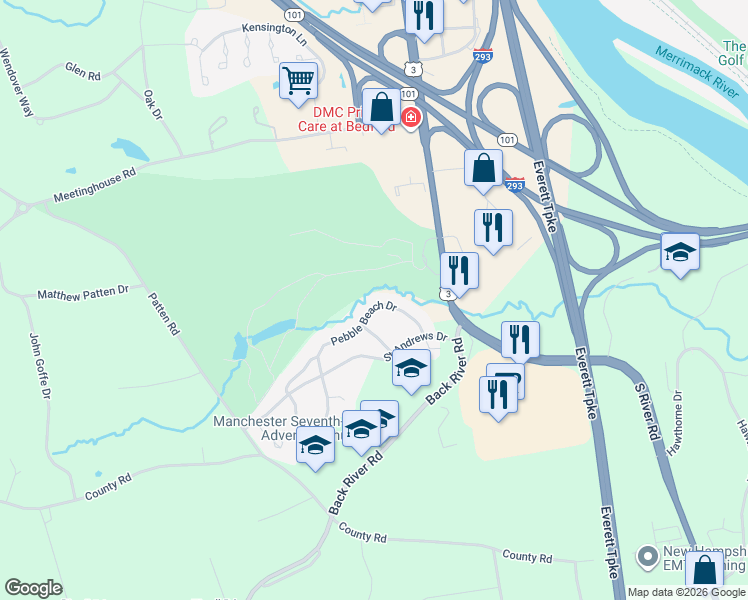 map of restaurants, bars, coffee shops, grocery stores, and more near 21 Pebble Beach Drive in Bedford