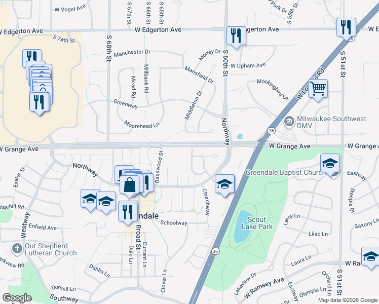 map of restaurants, bars, coffee shops, grocery stores, and more near 5501 Brandon Street in Greendale