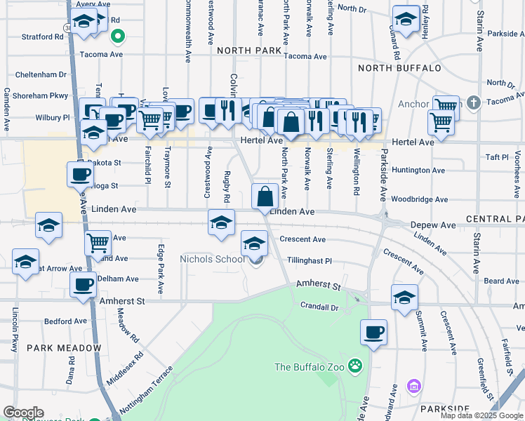map of restaurants, bars, coffee shops, grocery stores, and more near Colvin Ave & Linden Ave in Buffalo
