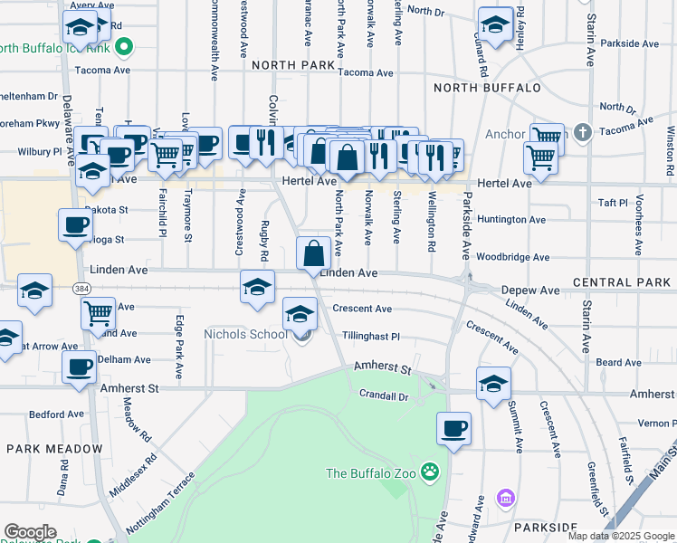 map of restaurants, bars, coffee shops, grocery stores, and more near Linden Avenue & North Park Avenue in Buffalo