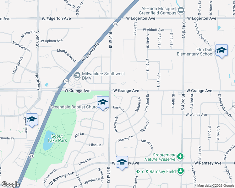 map of restaurants, bars, coffee shops, grocery stores, and more near 5095 Maplewood Court in Greendale