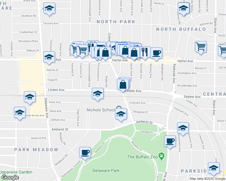 map of restaurants, bars, coffee shops, grocery stores, and more near Linden Avenue & Linview Terrace in Buffalo