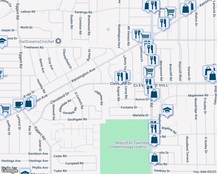 map of restaurants, bars, coffee shops, grocery stores, and more near 248 Cleveland Drive in Buffalo