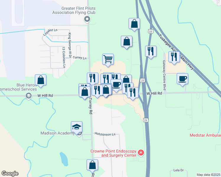 map of restaurants, bars, coffee shops, grocery stores, and more near 2444 West Hill Road in Flint