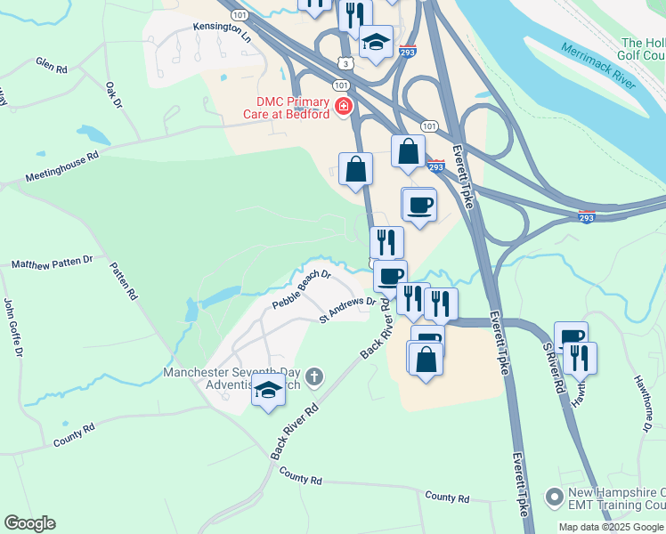 map of restaurants, bars, coffee shops, grocery stores, and more near 17 Pebble Beach Drive in Bedford