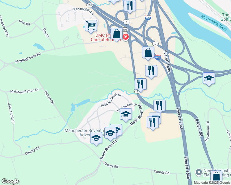 map of restaurants, bars, coffee shops, grocery stores, and more near 21 Pebble Beach Drive in Bedford