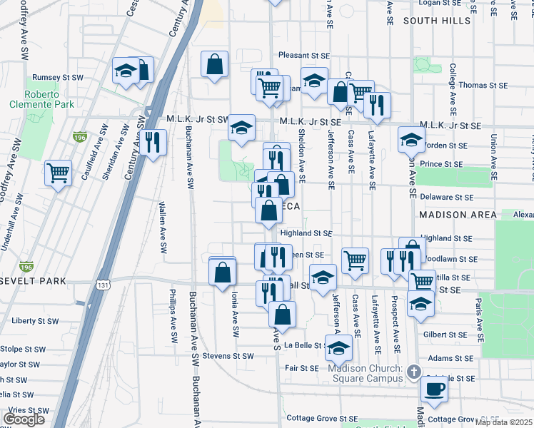 map of restaurants, bars, coffee shops, grocery stores, and more near 1001 Division Avenue South in Grand Rapids