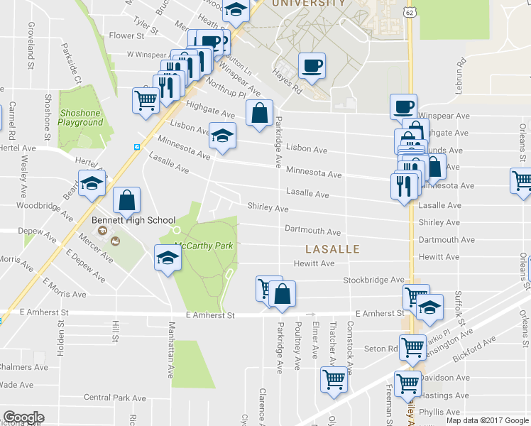 map of restaurants, bars, coffee shops, grocery stores, and more near 52 Shirley Avenue in Buffalo