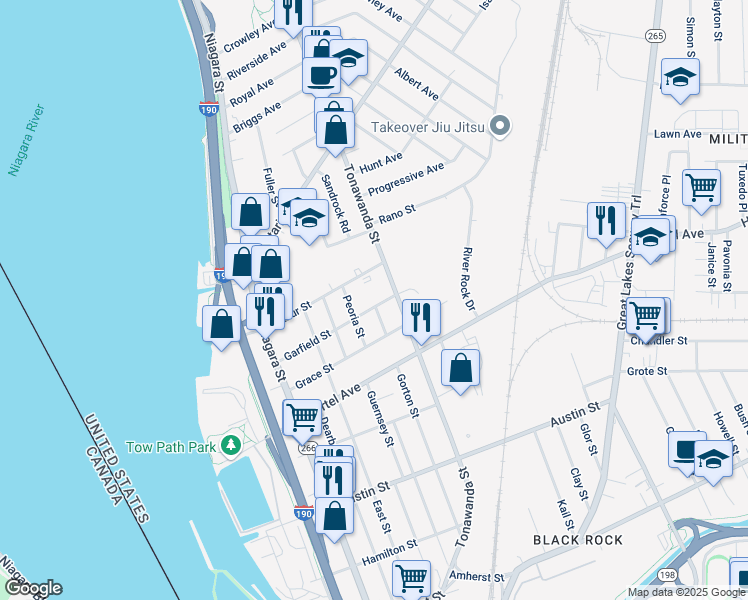 map of restaurants, bars, coffee shops, grocery stores, and more near 590 Tonawanda Street in Buffalo