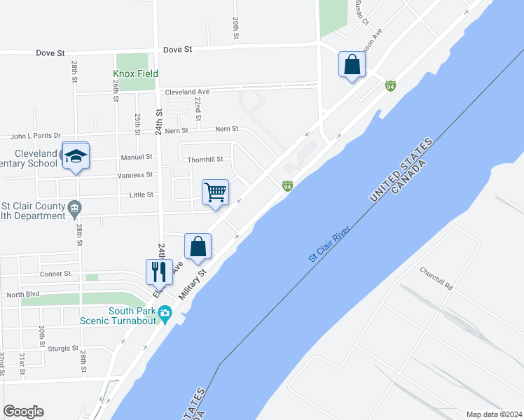 map of restaurants, bars, coffee shops, grocery stores, and more near 3322 Military Street in Port Huron