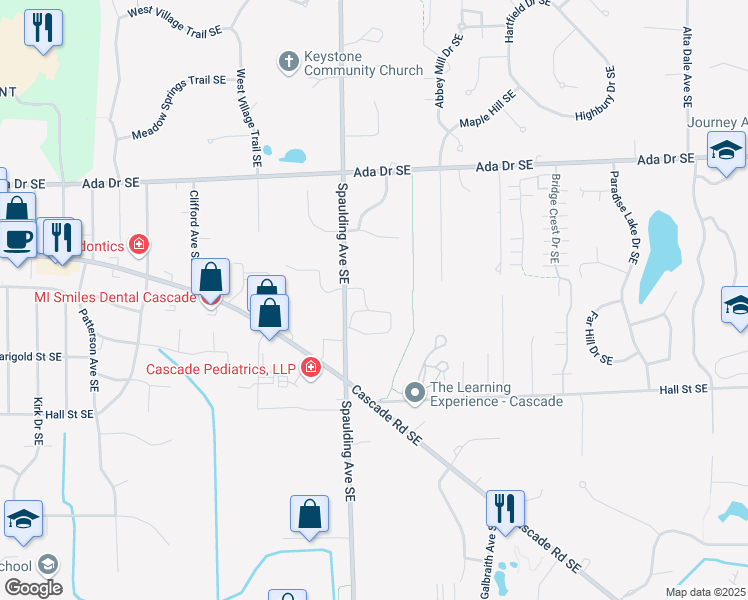 map of restaurants, bars, coffee shops, grocery stores, and more near 5213 Knoll Pond Drive Southeast in Grand Rapids