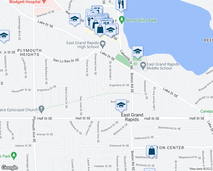 map of restaurants, bars, coffee shops, grocery stores, and more near 960 Orchard Avenue Southeast in Grand Rapids