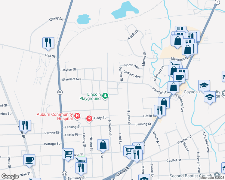 map of restaurants, bars, coffee shops, grocery stores, and more near 166 North Fulton Street in Auburn