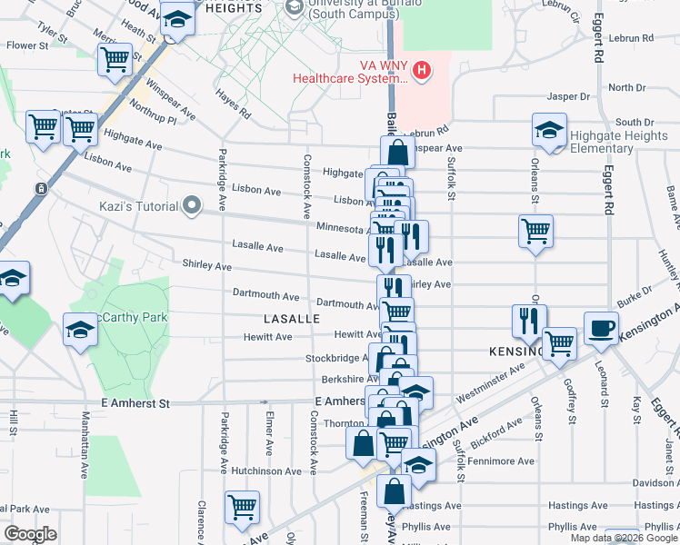 map of restaurants, bars, coffee shops, grocery stores, and more near 389 Lasalle Avenue in Buffalo