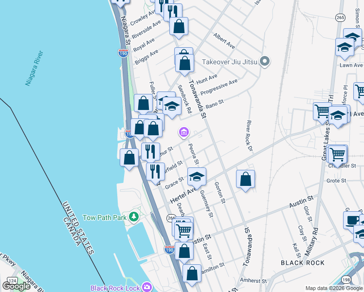 map of restaurants, bars, coffee shops, grocery stores, and more near 78 Arthur Street in Buffalo