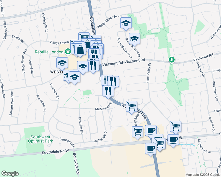 map of restaurants, bars, coffee shops, grocery stores, and more near 916 Wonderland Road South in London