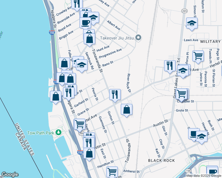map of restaurants, bars, coffee shops, grocery stores, and more near 590 Tonawanda Street in Buffalo