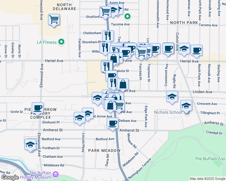 map of restaurants, bars, coffee shops, grocery stores, and more near Delaware Ave & Linden Ave in Buffalo