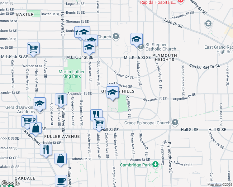 map of restaurants, bars, coffee shops, grocery stores, and more near in Grand Rapids