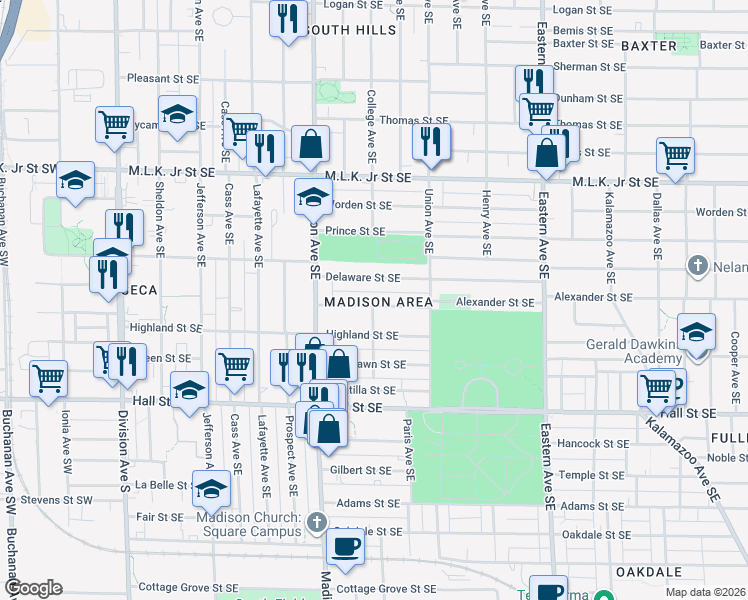 map of restaurants, bars, coffee shops, grocery stores, and more near 465 Howard Street Southeast in Grand Rapids