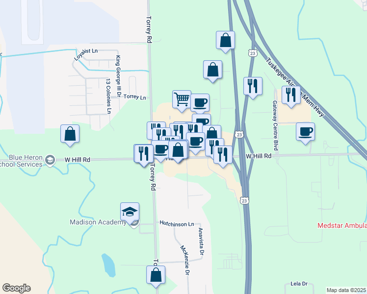 map of restaurants, bars, coffee shops, grocery stores, and more near 2452 West Hill Road in Flint