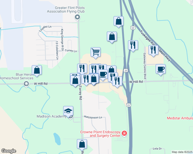 map of restaurants, bars, coffee shops, grocery stores, and more near 2452 West Hill Road in Flint
