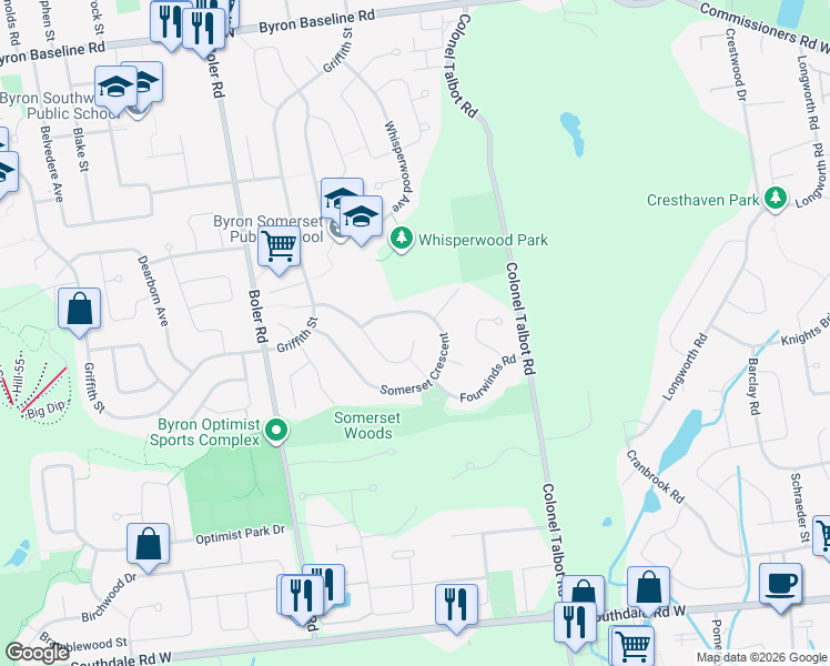 map of restaurants, bars, coffee shops, grocery stores, and more near 120 Somerset Crescent in London