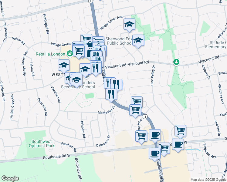 map of restaurants, bars, coffee shops, grocery stores, and more near 916 Wonderland Road South in London